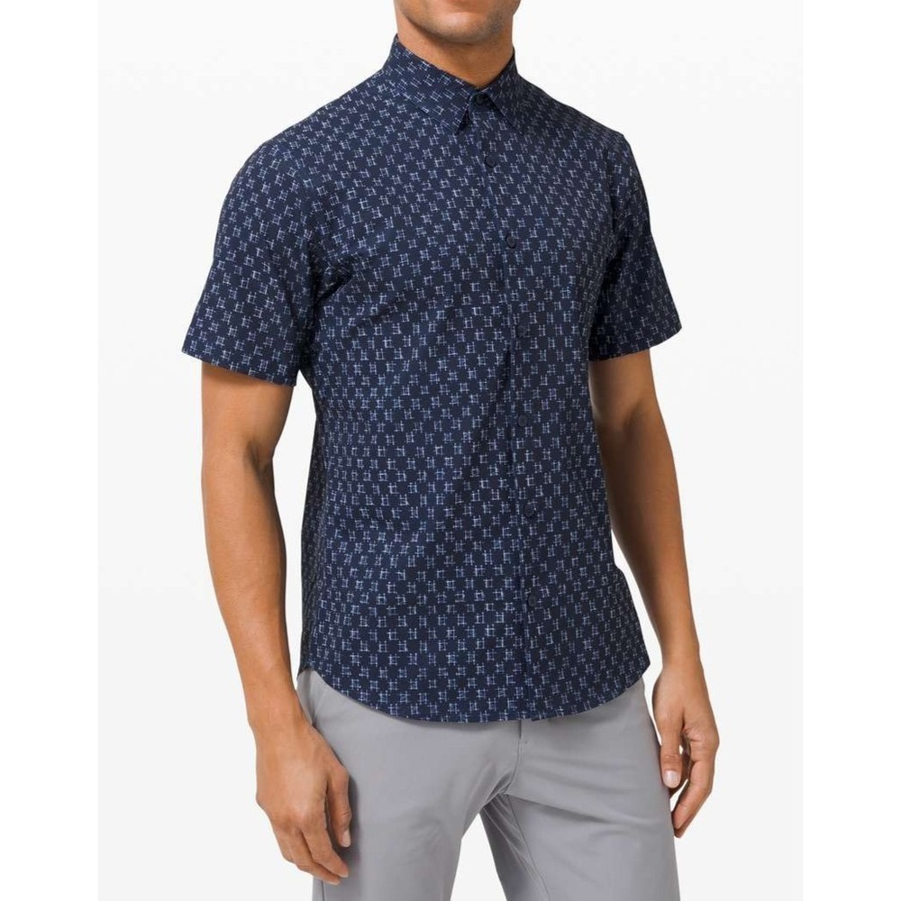 Lululemon Airing Easy Short Sleeve Buttondown IKat Check White Navy Shirt XL EUC - Picture 3 of 11
